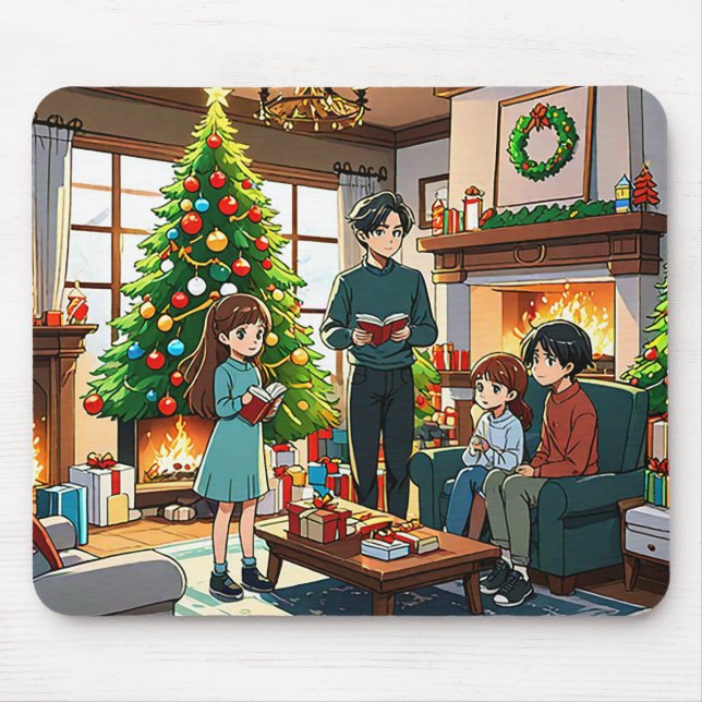Family around the fireplace at Christmas Mouse Mat (Front)