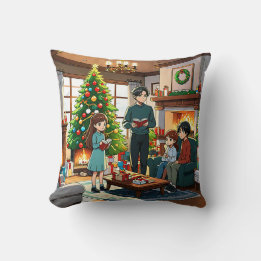 Family around the fireplace at Christmas - Pillow