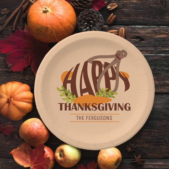 Family Artistic Thanksgiving Turkey Brown & Orange Paper Plate (Creator Uploaded)