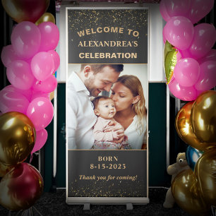  Family Baby Mum Dad Photo Black Gold Custom Retractable Banner