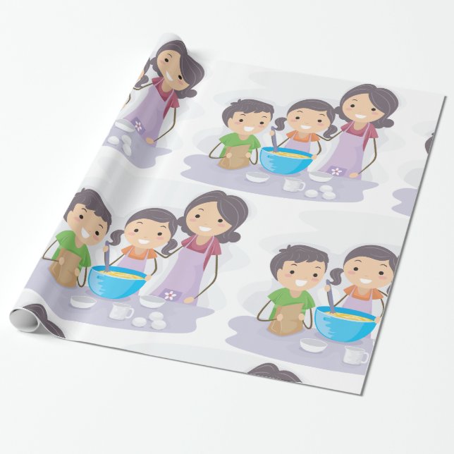 Family Baking Together Mum and Kids Cooking Wrapping Paper (Unrolled)