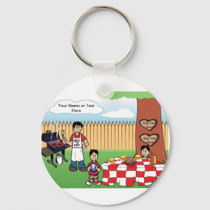 Family BBQ, Single Dad, 2 Boys Cartoon Key Ring
