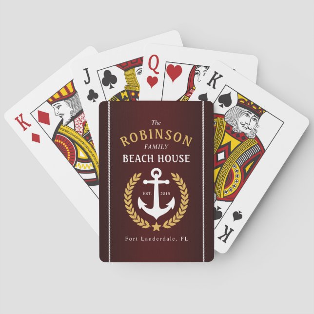 Family Beach House Anchor Gold Laurel Burgundy Playing Cards (Back)