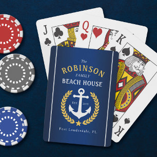 Family Beach House Anchor Gold Laurel Navy Blue Playing Cards
