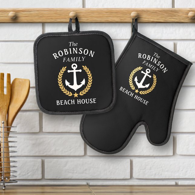 Family Beach House Anchor Gold Laurel Star Black Oven Mitt & Pot Holder Set (Creator Uploaded)