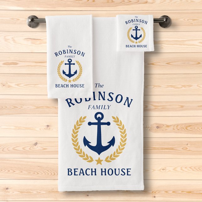 Family Beach House Anchor Gold Laurel Star White Bath Towel Set (Creator Uploaded)