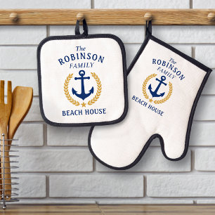 Family Beach House Anchor Gold Laurel Star White Oven Mitt & Pot Holder Set