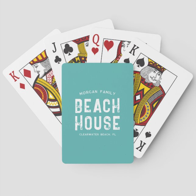Family Beach House Aqua Green & White Personalised Playing Cards (Back)