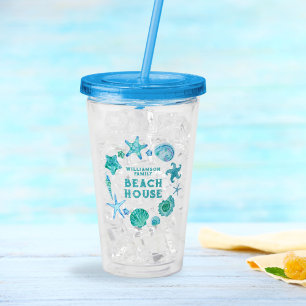 Family Beach House Coastal Blue Seashells Acrylic Tumbler