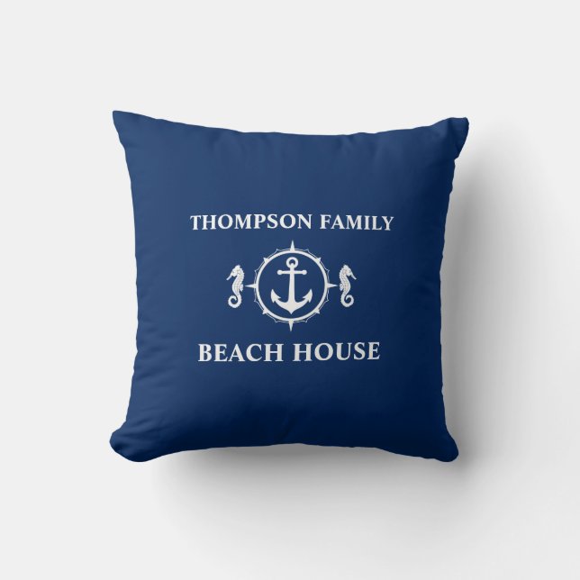 Family Beach House Seahorse Anchor Navy Blue White Cushion (Front)