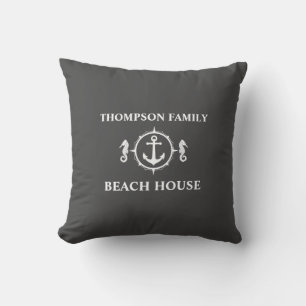 Family Beach House Seahorse Nautical Anchor Grey Cushion