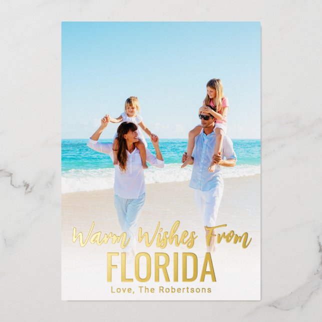 Family Beach Photo Christmas Card Gold Foil State (Front)