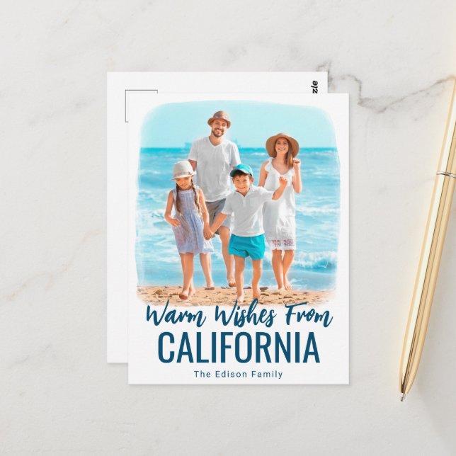 Family Beach Photo Christmas Card Watercolor State (Front/Back In Situ)