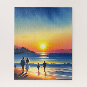 Family Beach Sunset Watercolor  Jigsaw Puzzle