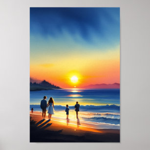 Family Beach Sunset Watercolor Poster