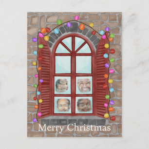 Family behind Christmas window photocard Postcard