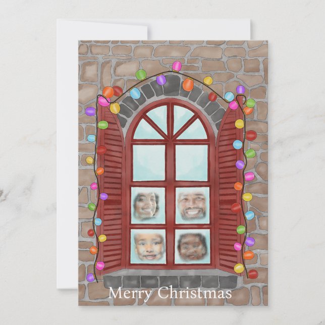 Family behind snowy Christmas window photocard Invitation (Front)