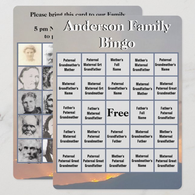 Family Bingo Card Orange Sunset and Mountain Photo (Front/Back)
