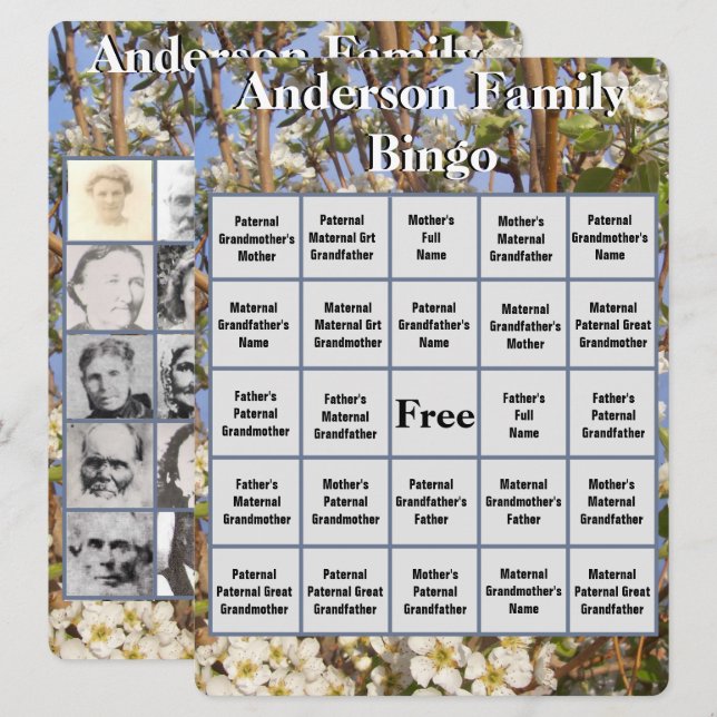 Family Bingo Card White Blossoming Tree Photo (Front/Back)