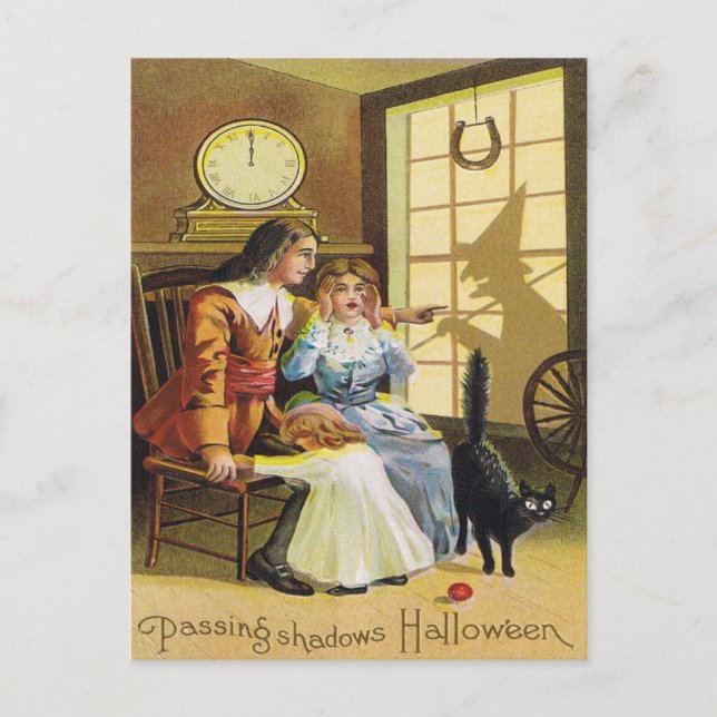 Family Black Cat Witch Shadow Horseshoe Postcard (Front)
