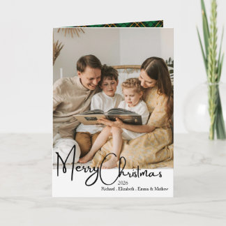 Family Black White Green Gold Photo Christmas Fold Card