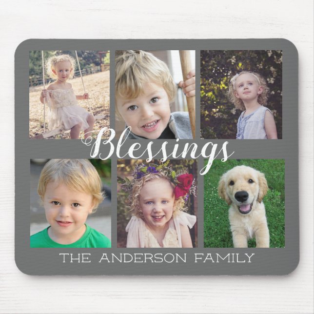 Family Blessings 6 Photo Collage Grey Mouse Mat (Front)