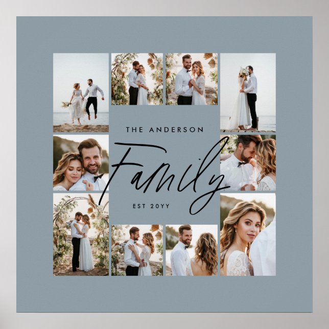 Family blue elegant modern minimal photo collage poster (Front)