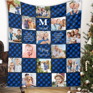Family Blue Plaid Patchwork Customised 15 Picture Fleece Blanket