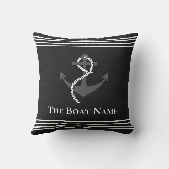 Family Boat Name White Black Grey Anchor Nautical Cushion (Back)