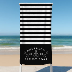 Family Boat Nautical Anchor Personalised Black Beach Towel