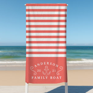 Family Boat Nautical Anchor Personalised Coral Beach Towel