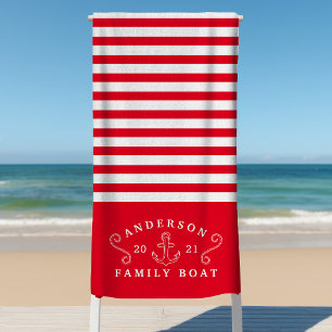 Family Boat Nautical Anchor Personalised Red Beach Towel
