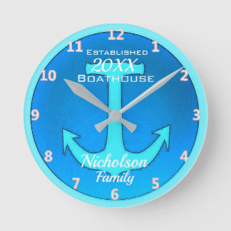 Family Boathouse Large Personalised in Blue Round Clock