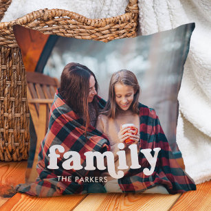 Family | Boho Text Overlay with Two Photos Cushion
