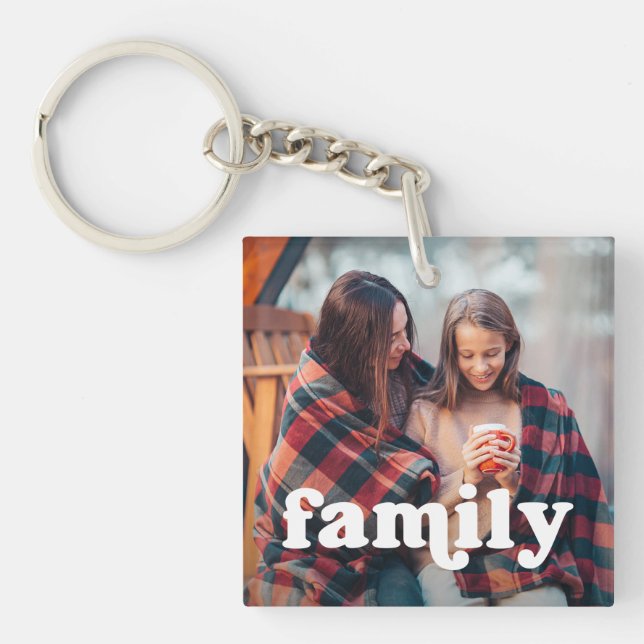 Family | Boho Text Overlay with Two Photos Key Ring (Front)