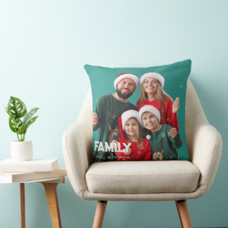 Family | Boho Text Overlay with Two Photos Throw P Cushion