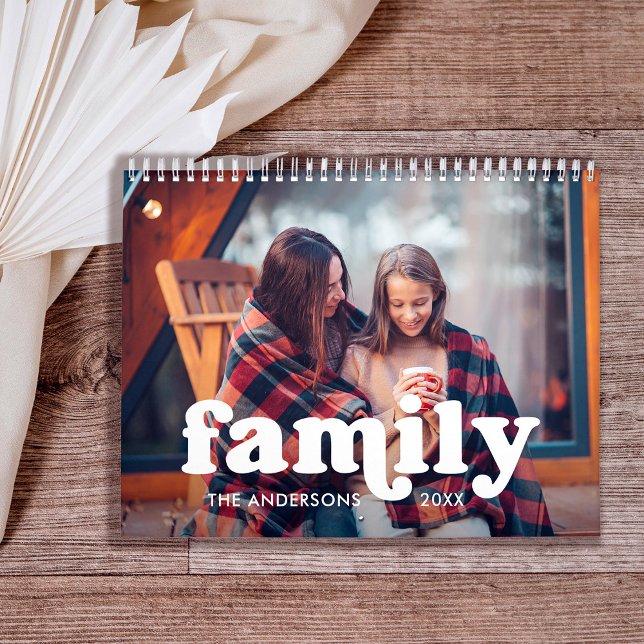 Family | Boho Text Overlay with your Photos Calendar (A retro and boho calendar you can add monthly family photos to and customize the cover)