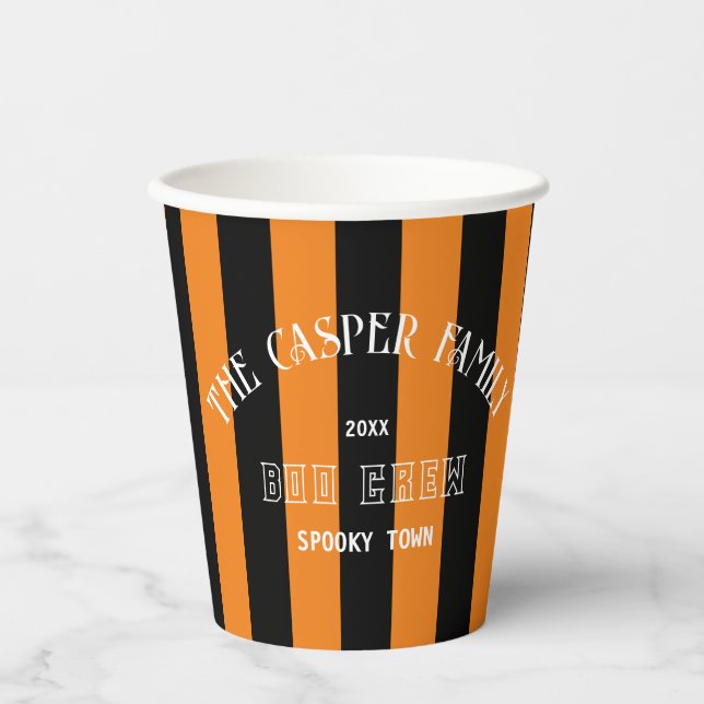 Family Boo Crew Orange Black Stripe Halloween Paper Cups (Front)