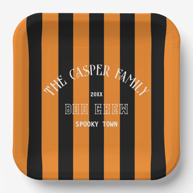 Family Boo Crew Orange Black Stripe Halloween Paper Plate (Front)