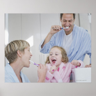 Family brushing teeth together poster