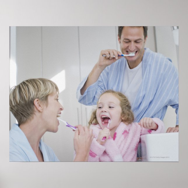 Family brushing teeth together poster (Front)
