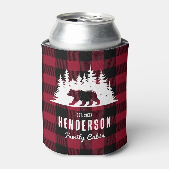 Family Cabin Bear Pine Red Plaid Can Cooler (Can Front)