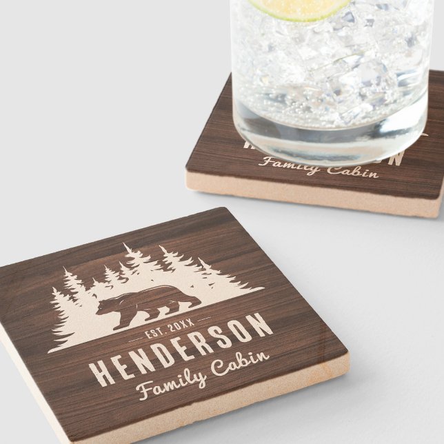 Family Cabin Bear Pine Wood Stone Coaster (Creator Uploaded)