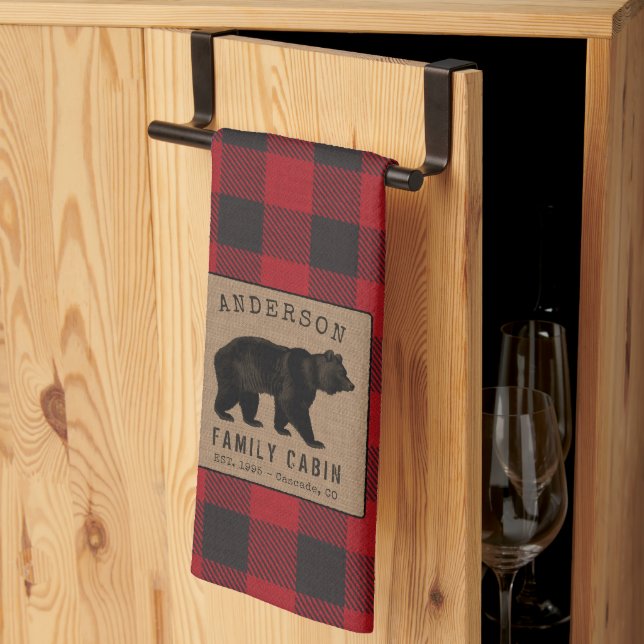 Family Cabin Bear Red Buffalo Plaid Burlap Tea Towel (Thirds Fold)