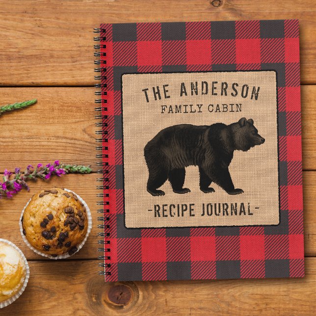 Family Cabin Bear Red Buffalo Plaid Recipe Journal (Several sizes and page designs to choose from)