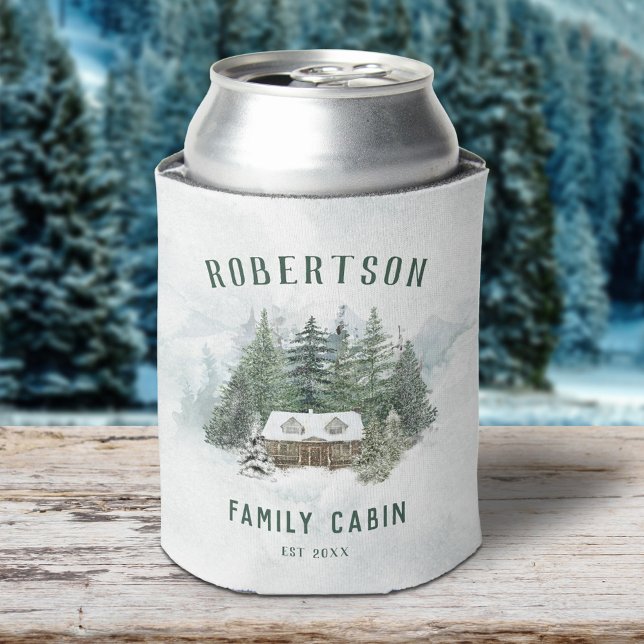 Family Cabin Forest Pine Trees Personalised Can Cooler (Creator Uploaded)