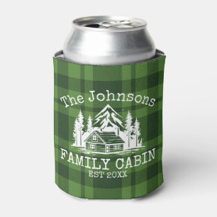 Family Cabin Green Plaid Themed Name Personalised Can Cooler