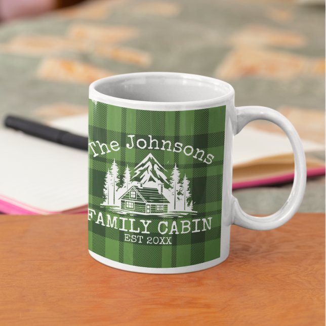 Family Cabin Green Plaid Themed Name Personalised Coffee Mug (Creator Uploaded)