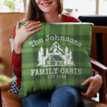 Family Cabin Green Plaid Themed Name Personalised Cushion<br><div class="desc">Ideal for family gatherings, reunions, or your mountain retreat, this product is designed with a charming green plaid background. It showcases a beautifully designed mountain scene with cabin surrounded by trees, personalised with your family name, the year established, and any additional details you prefer. An excellent choice for a thoughtful...</div>