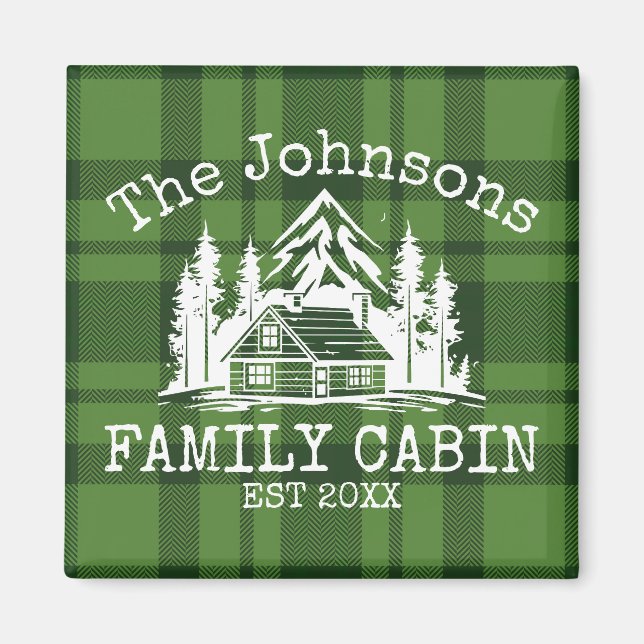 Family Cabin Green Plaid Themed Name Personalised Magnet (Front)